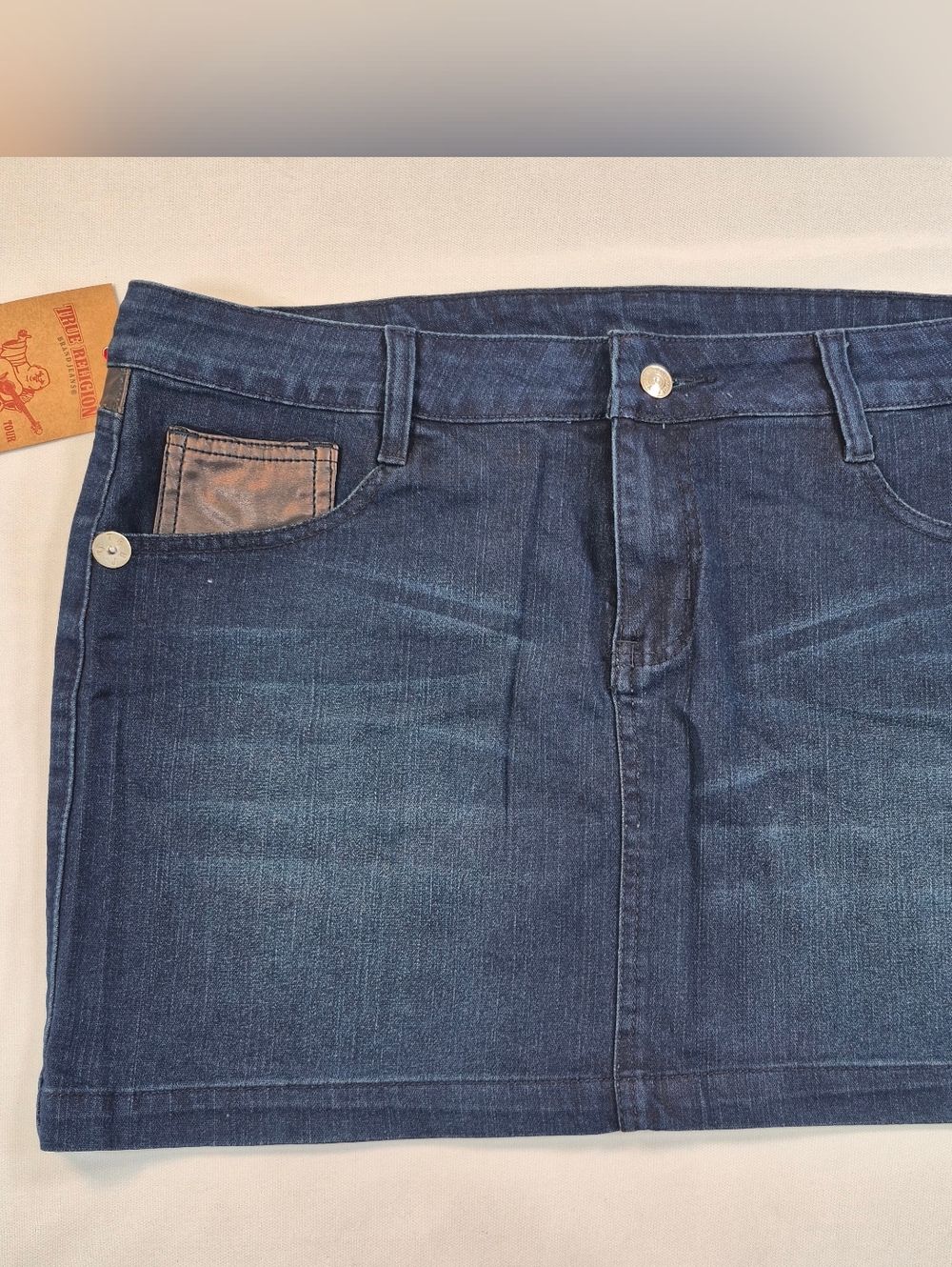 True Religion Womens Blue Dark Wash Coin Pocket Denim Mini Skirt Size 34 NWT